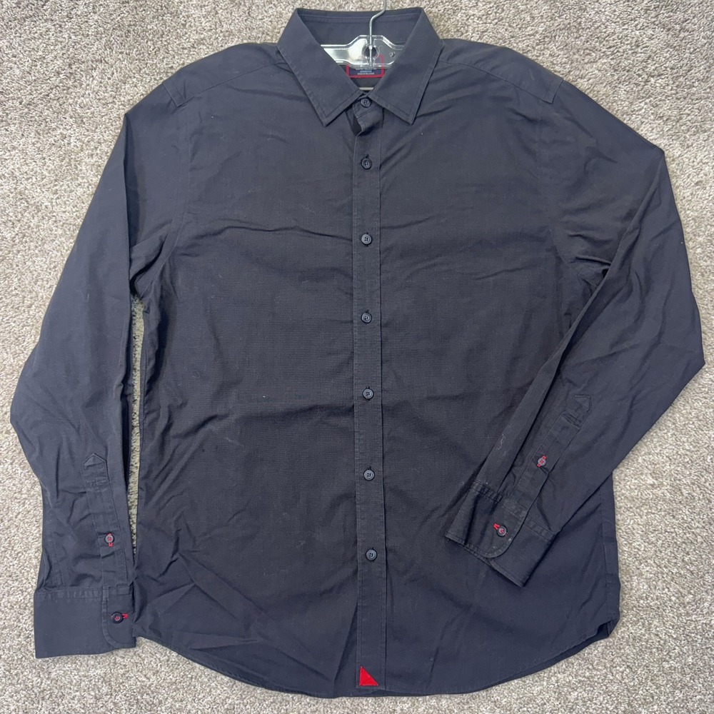 UNTUCKIt Shirt Mens Large Black Stone with Red Slim Fit Wrinkle Free EUC